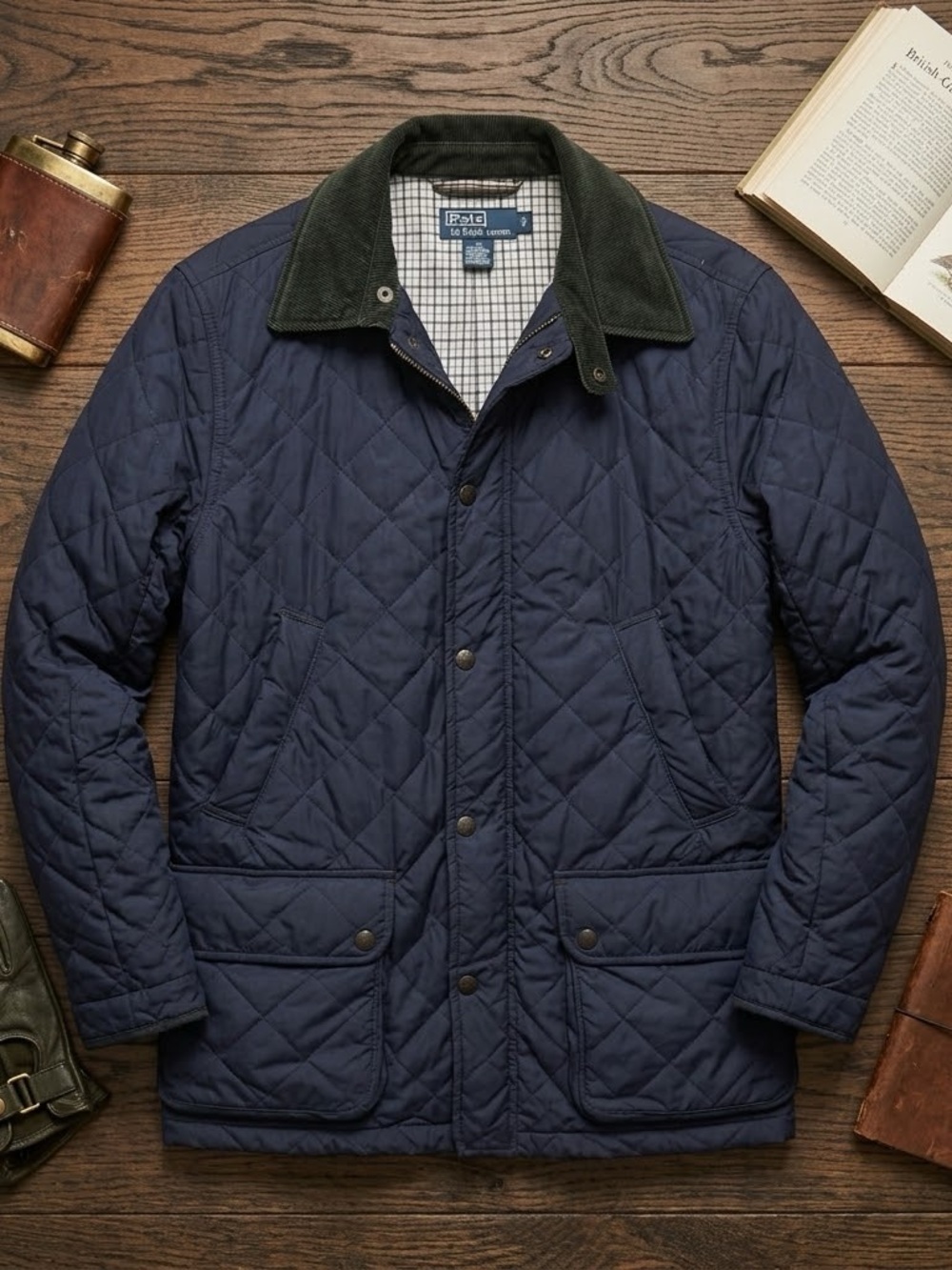 Polo Ralph Lauren Quilted Barn Jacket Mens M Navy Corduroy Collar Field Coat Pea